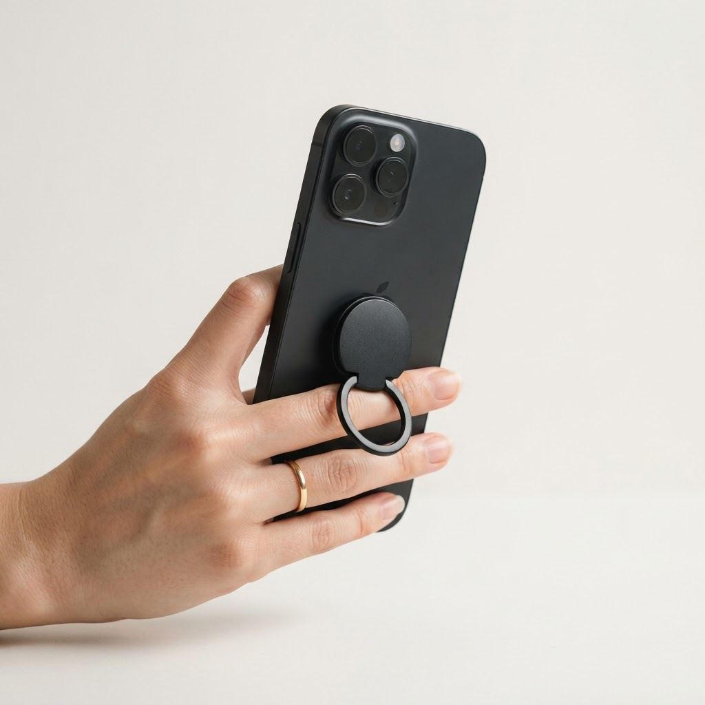 Hand holding a smartphone with the Griply magnetic phone grip stand attached